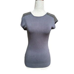 Zara Grey Knit Embellished Short Sleeve Women's Top, NWT, M